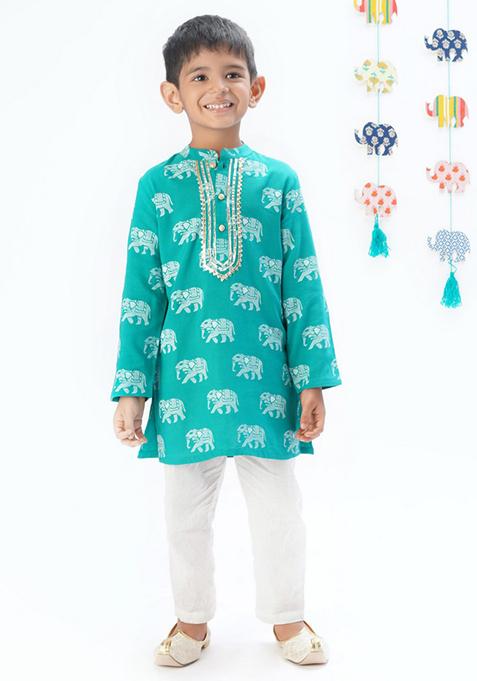 Green Block Print Kurta With Pants (Set of 2)