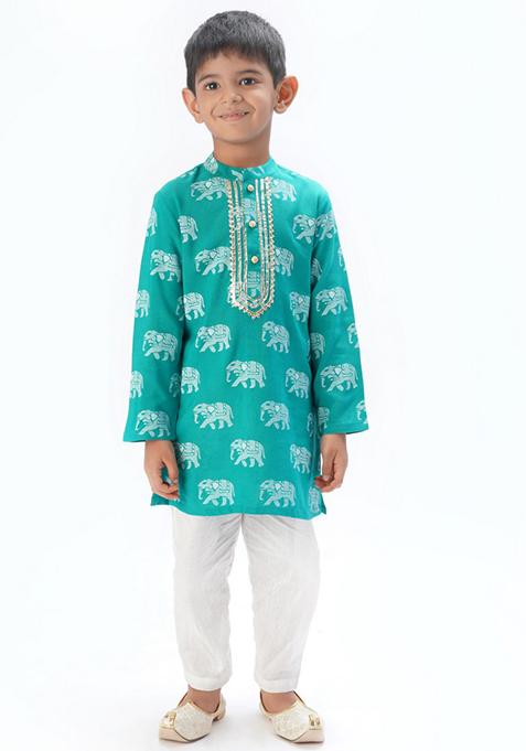 Green Block Print Kurta With Pants (Set of 2)