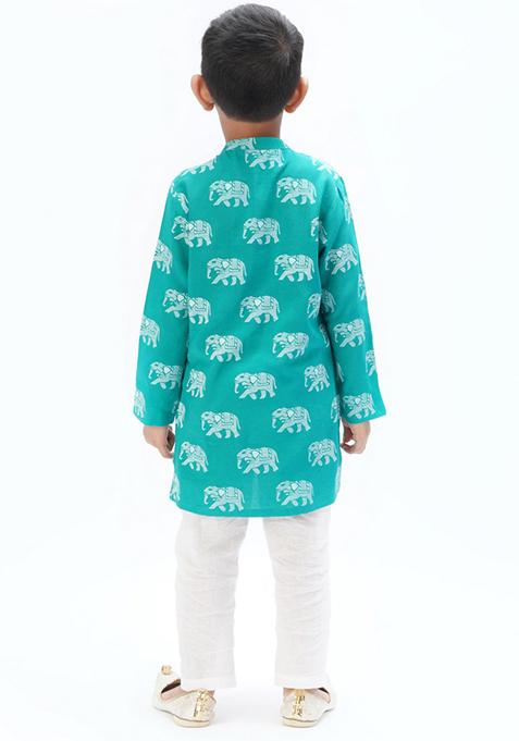 Green Block Print Kurta With Pants (Set of 2)