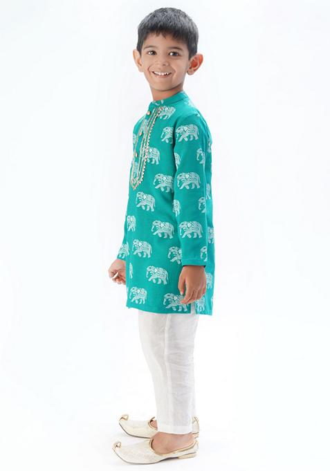 Green Block Print Kurta With Pants (Set of 2)