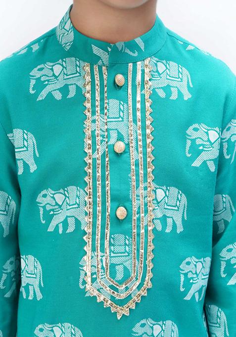 Green Block Print Kurta With Pants (Set of 2)