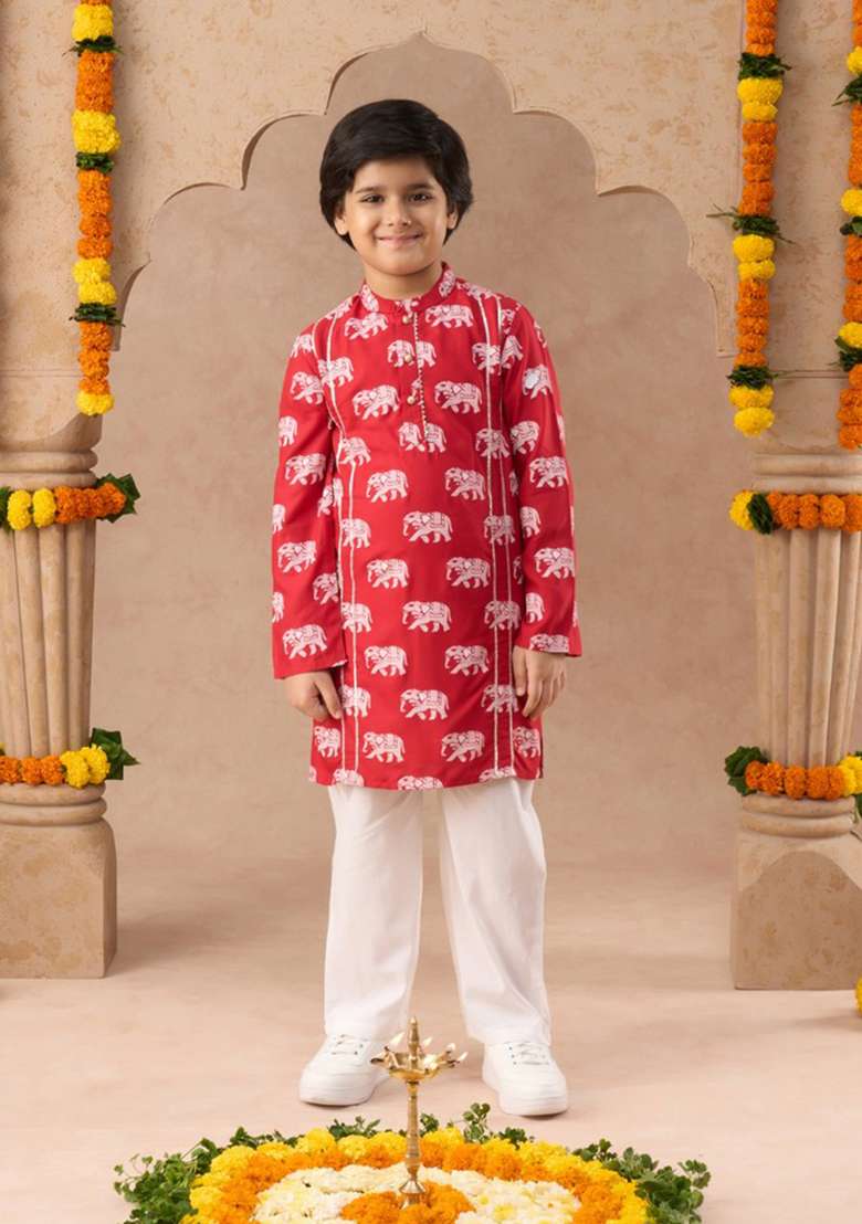 Red Block Print Kurta With Pants (Set of 2) - Indya