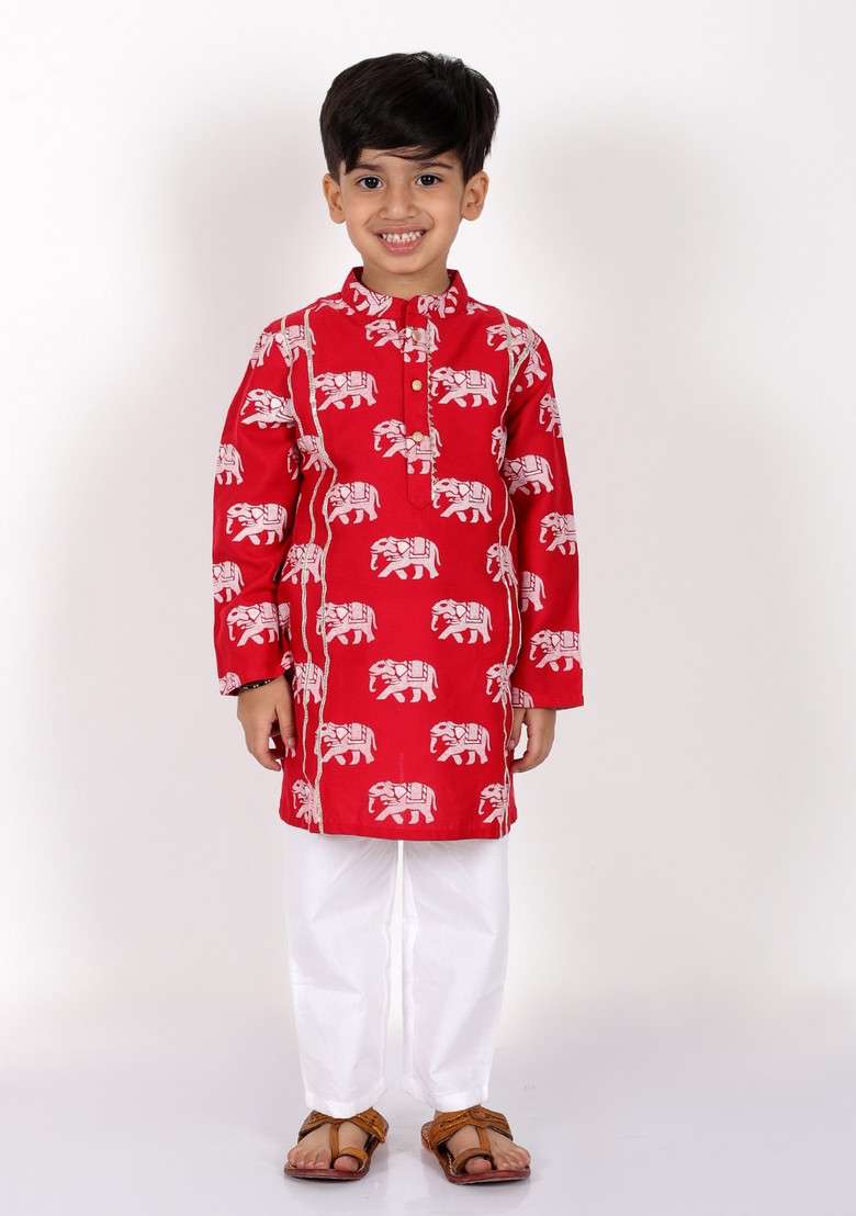 Red Block Print Kurta With Pants (Set of 2) - Indya