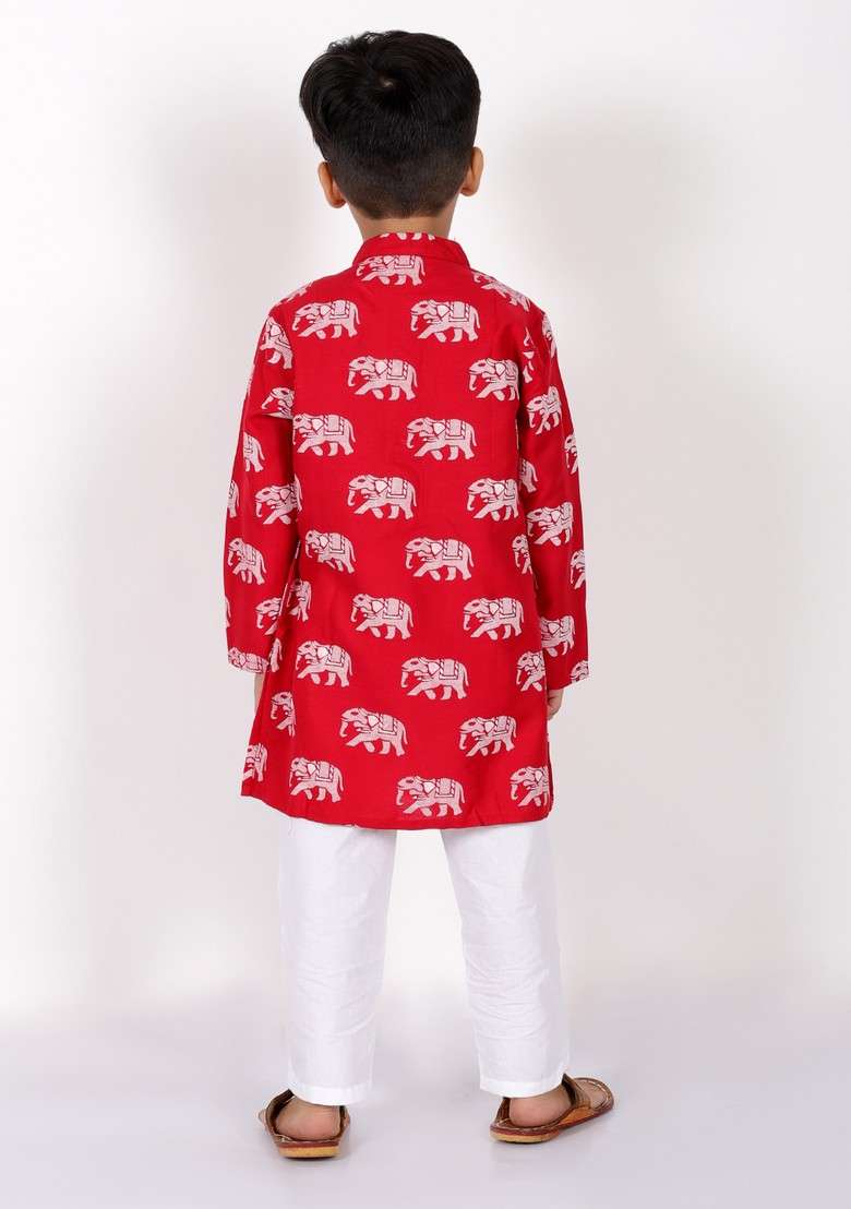 Red Block Print Kurta With Pants (Set of 2) - Indya