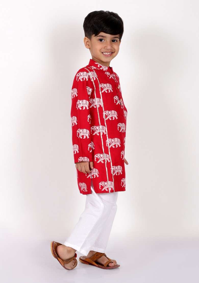 Red Block Print Kurta With Pants (Set of 2) - Indya