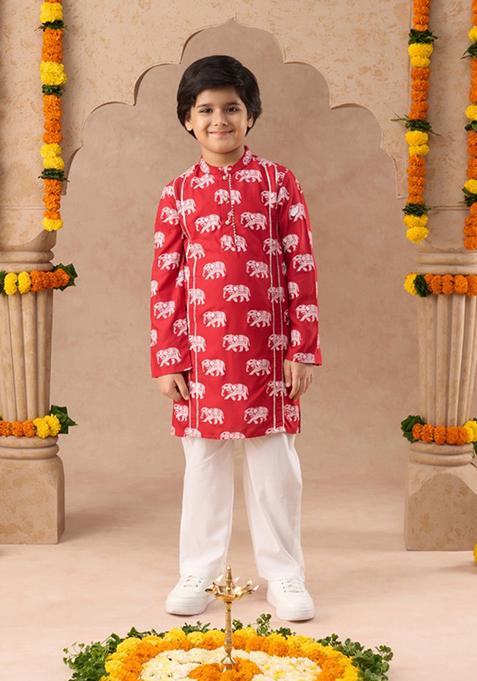 Red Block Print Kurta With Pants (Set of 2)