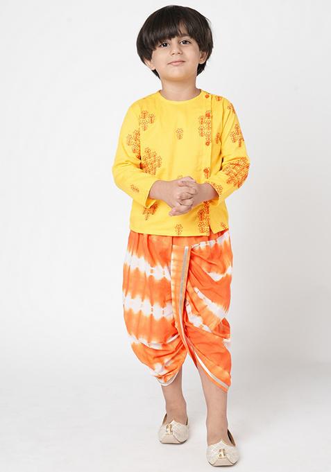 Yellow Tie And Dye Print Embroidered Kurta With Dhoti Pants (Set of 2)