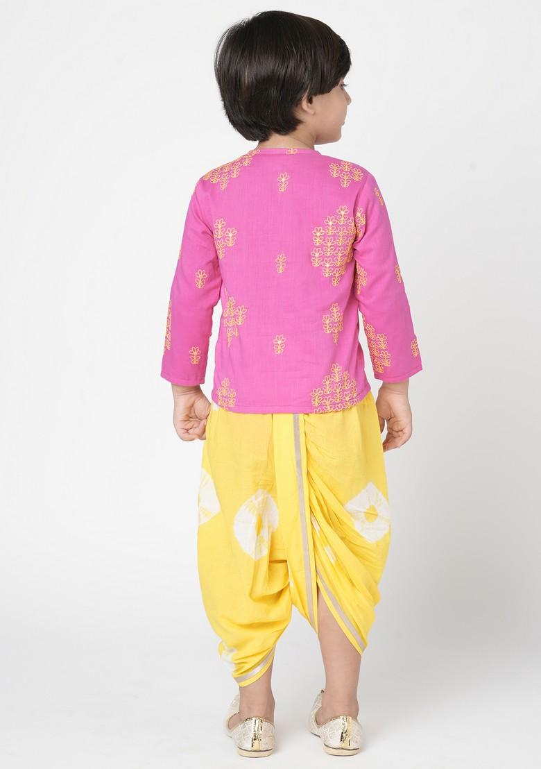 Pink Tie And Dye Print Embroidered Kurta With Dhoti Pants (Set of 2)