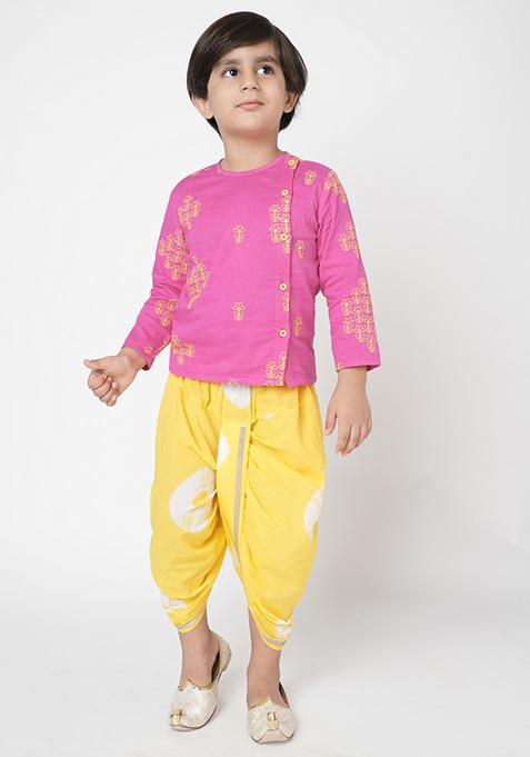 Pink Tie And Dye Print Embroidered Kurta With Dhoti Pants (Set of 2)