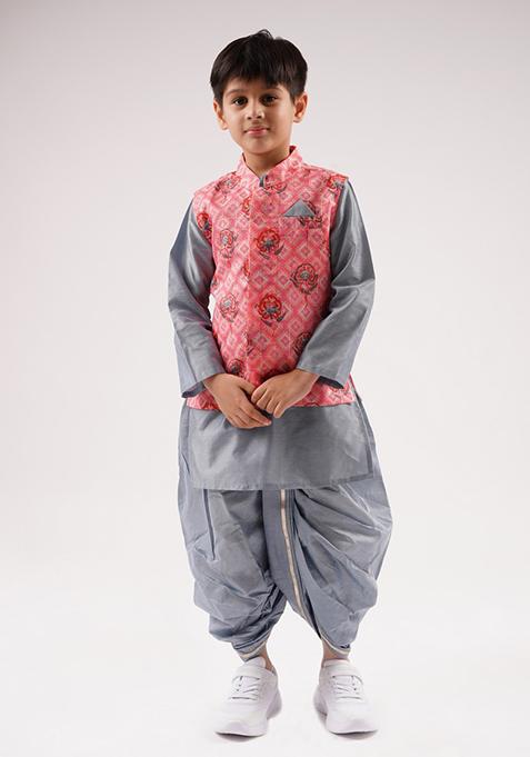 Pink Digital Print Jacket With Kurta And Dhoti Pants (Set of 3)