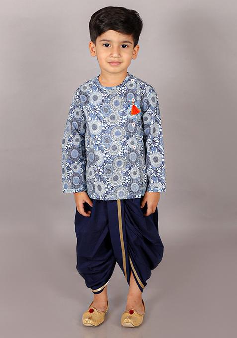 Blue Printed Kurta With Dhoti Pants (Set of 2)