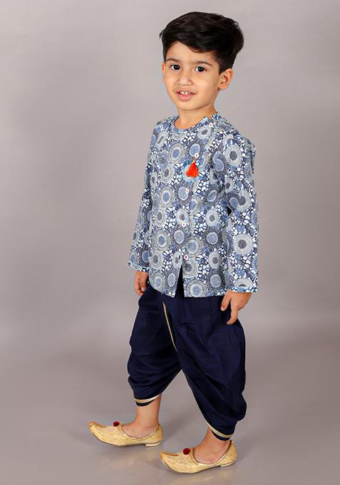 Blue Printed Kurta With Dhoti Pants (Set of 2)