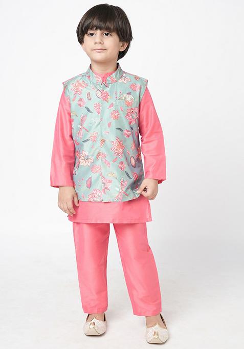 Pink Digital Print Jacket With Kurta And Pajama (Set of 3)