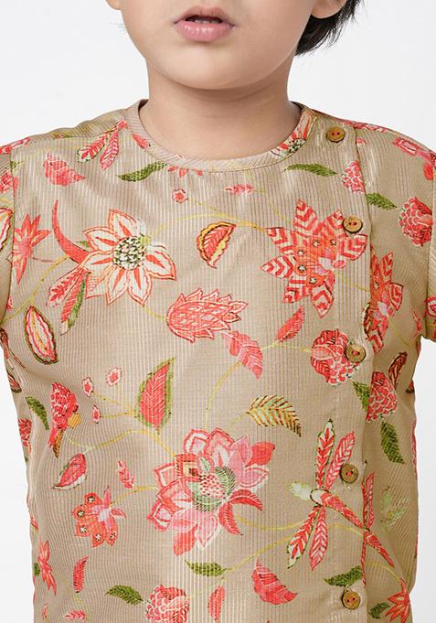 Beige Digital Print Kurta With Dhoti Pants (Set of 2)