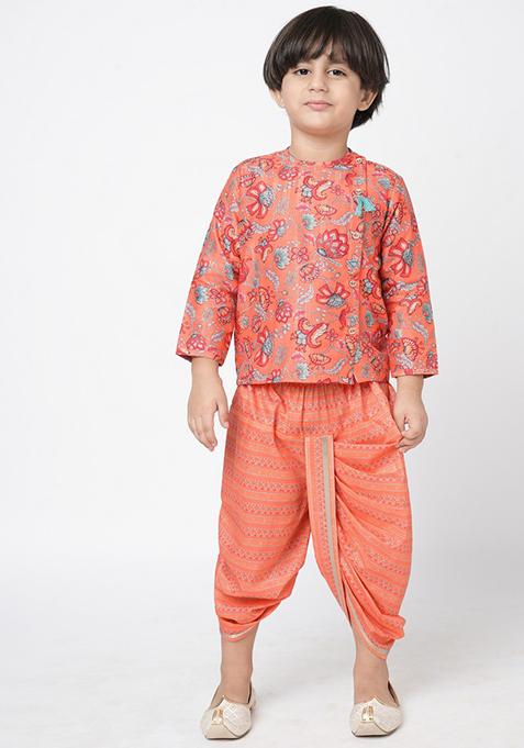 Orange Digital Print Kurta With Dhoti Pants (Set of 2)