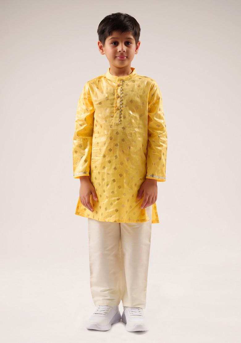 Yellow Foil Print Kurta With Pants (Set of 2) - Indya