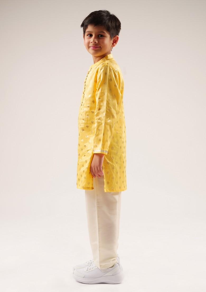 Yellow Foil Print Kurta With Pants (Set of 2) - Indya