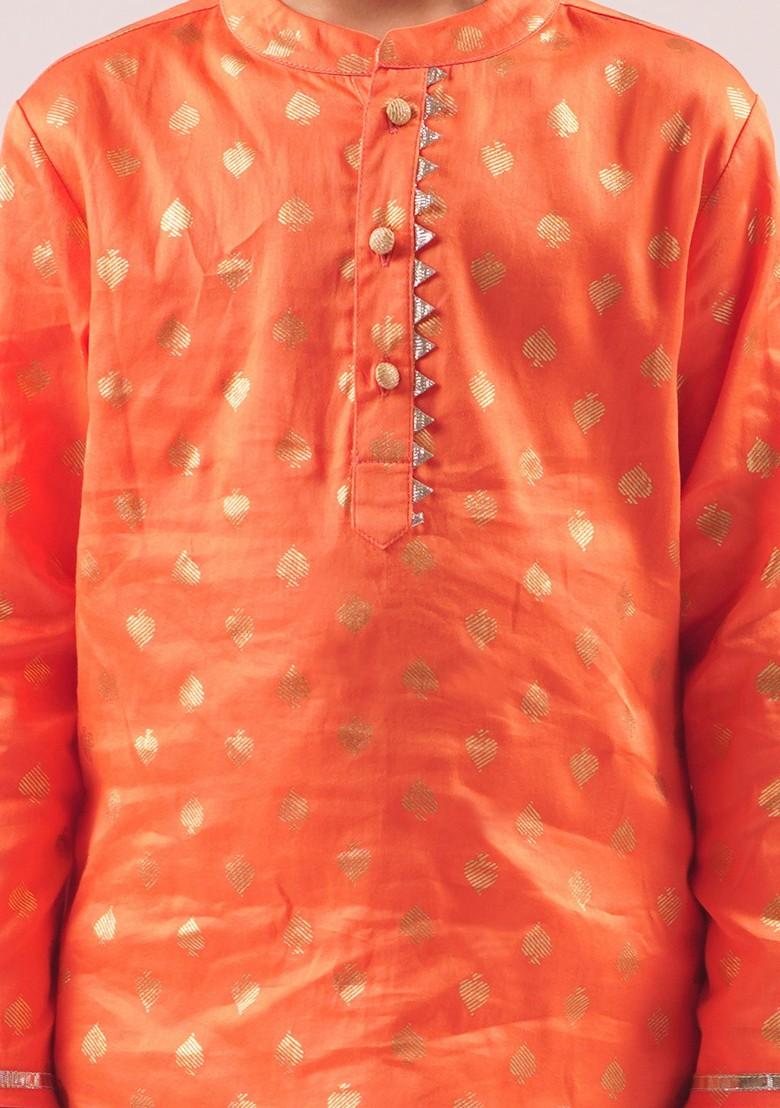 Orange Embroidered Kurta With Pants (Set of 2) - Indya