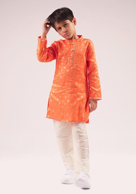 Orange Embroidered Kurta With Pants (Set of 2)