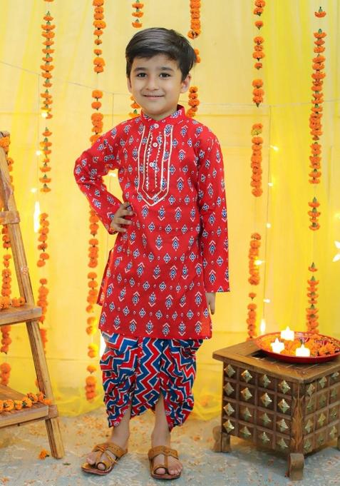 Red Printed Kurta With Dhoti Pants (Set of 2)