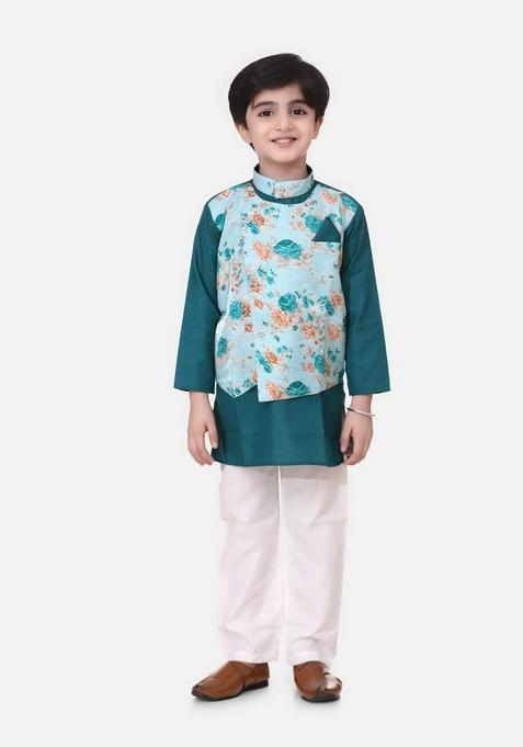 Green Printed Jacket With Kurta And Pyjama (Set of 3)