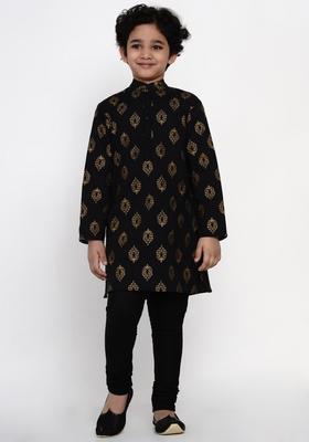 Black Foil Print Kurta With Pants (Set of 2)
