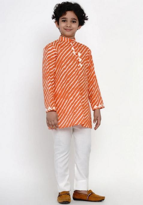 Orange Leheriya Print Kurta With Pants (Set of 2)