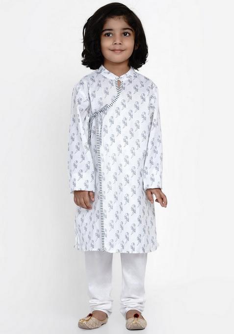 White Printed Kurta With Pants (Set of 2)