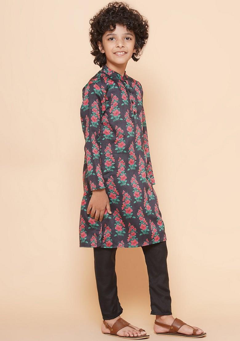 Black Printed Kurta With Pants (Set of 2) - Indya