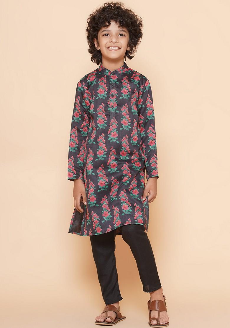Black Printed Kurta With Pants (Set of 2) - Indya
