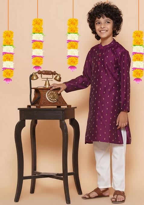 Purple Self Design Kurta With Pants (Set of 2)