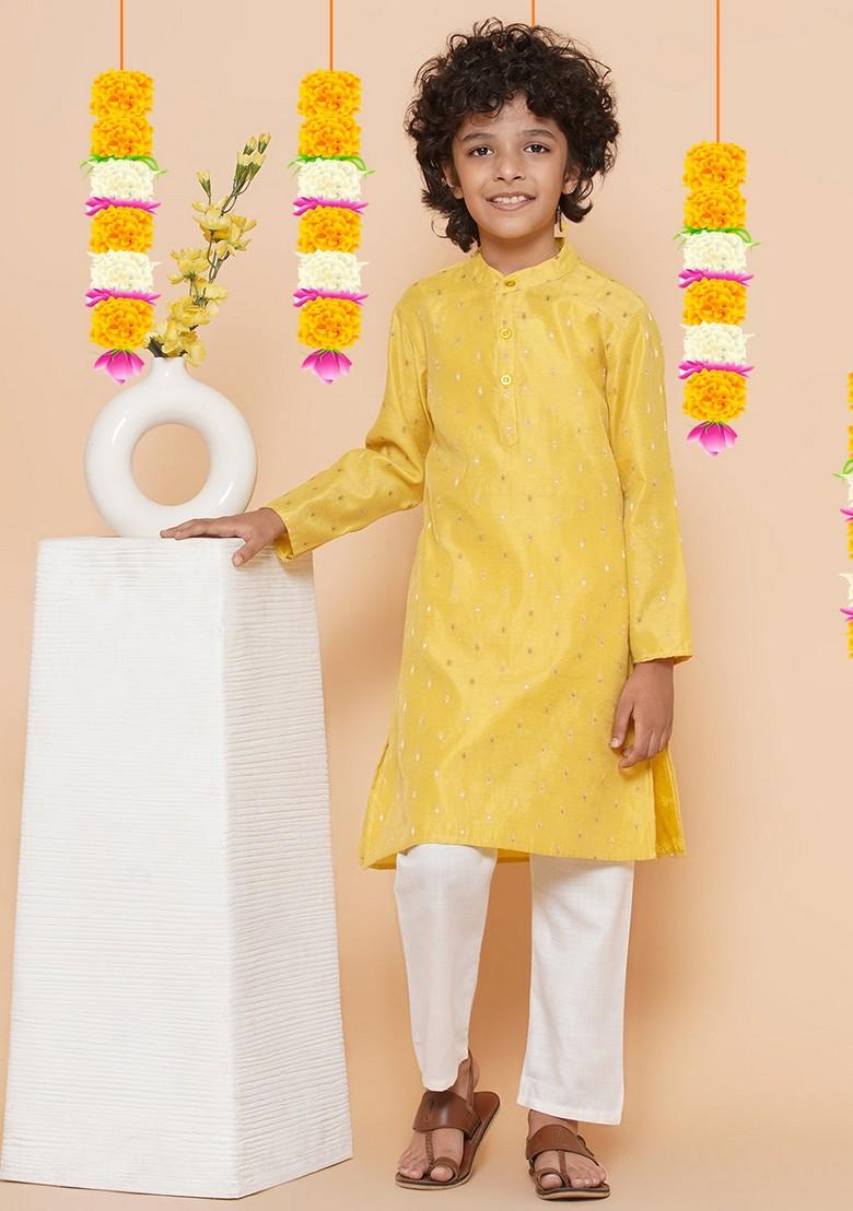 Yellow Self Design Kurta With Pants (Set of 2)