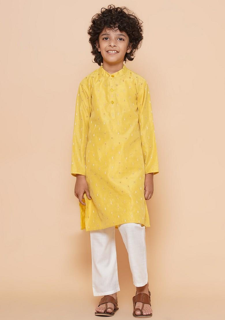 Yellow Self Design Kurta With Pants (Set of 2)