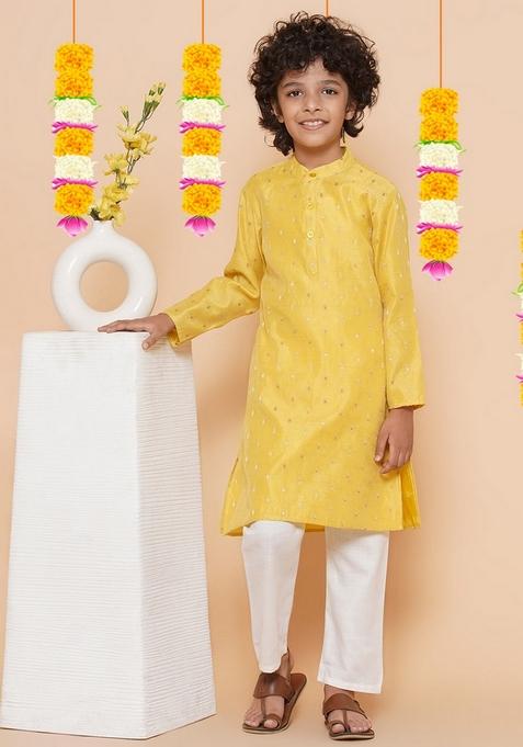 Yellow Self Design Kurta With Pants (Set of 2)