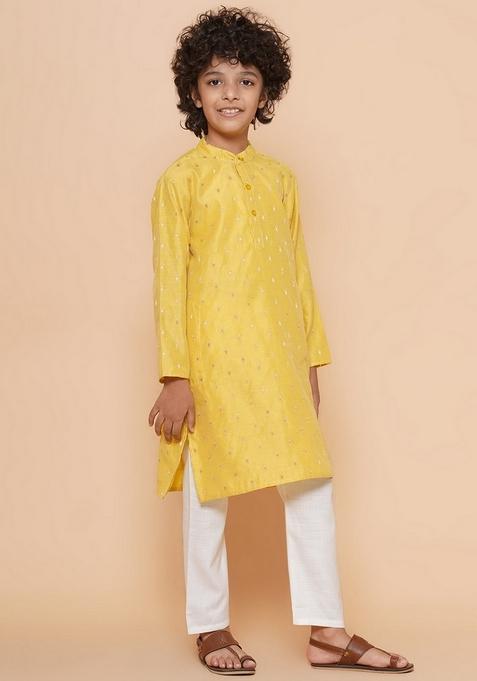 Yellow Self Design Kurta With Pants (Set of 2)