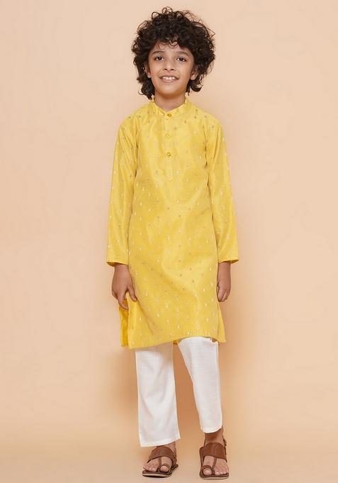 Yellow Self Design Kurta With Pants (Set of 2)