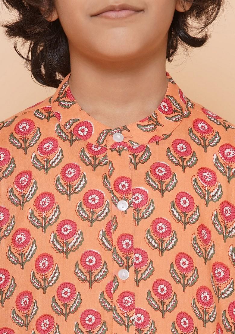 Peach Printed Kurta With Pants (Set of 2)