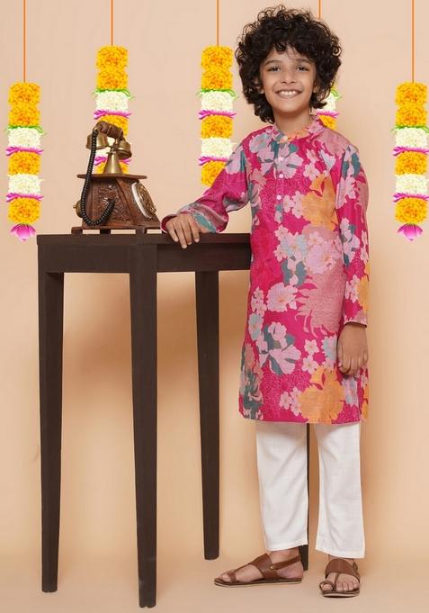 Pink Printed Silk Blend Kurta With Pants (Set of 2)