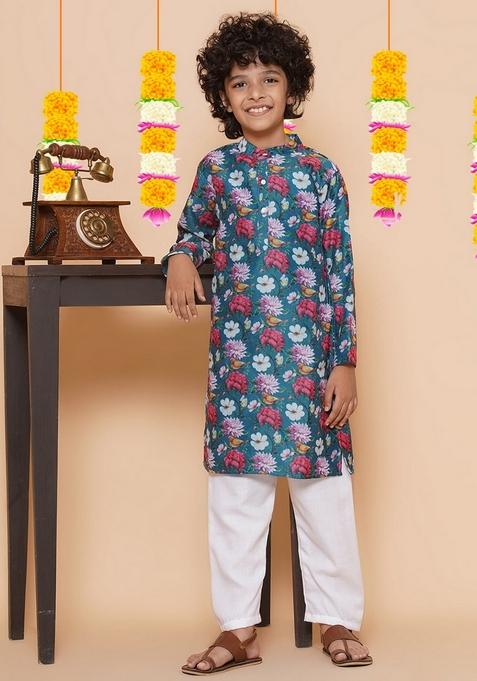 Blue Printed Silk Blend Kurta With Pants (Set of 2)