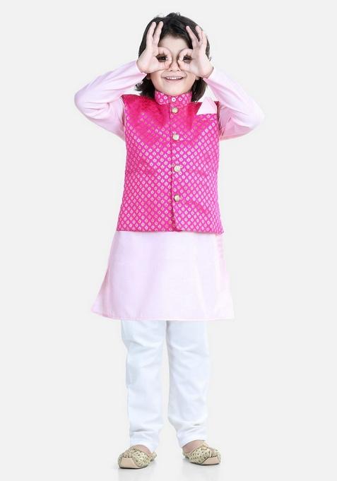 Pink Foil Print Jacket With Kurta And Pyjama (Set of 3)