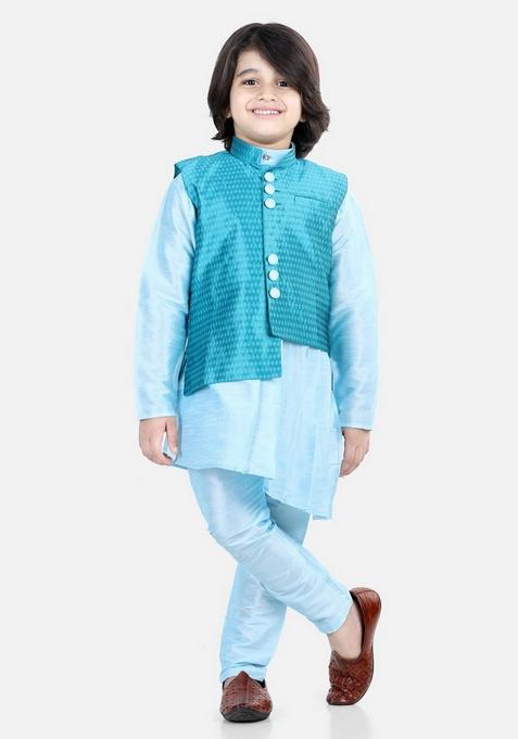 Blue Jacquard Jacket With Kurta And Pyjama (Set of 3)