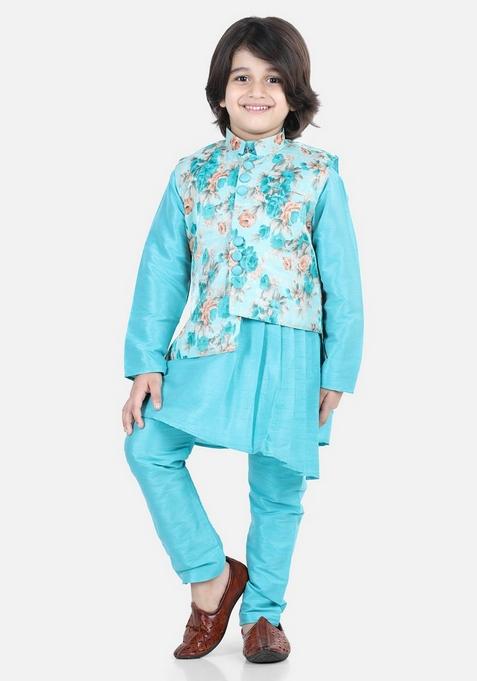 Blue Printed Jacket With Kurta And Pyjama (Set of 3)