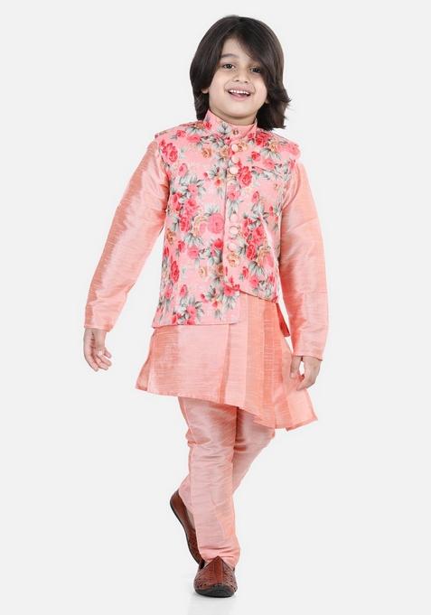 Peach Printed Jacket With Kurta And Pyjama (Set of 3)