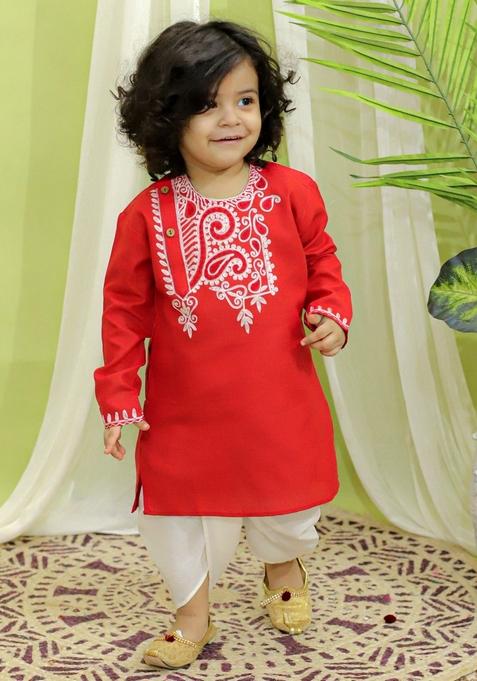 Red Embroidered Kurta With Dhoti Pants (Set of 2)