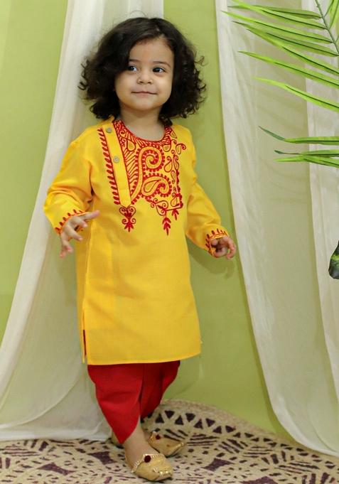 Yellow Embroidered Kurta With Dhoti Pants (Set of 2)