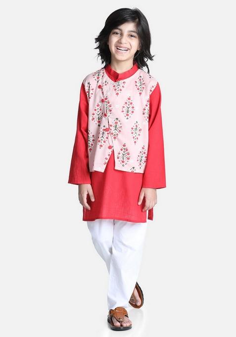 Peach Floral Printed Jacket With Kurta And Pyjama (Set of 3)