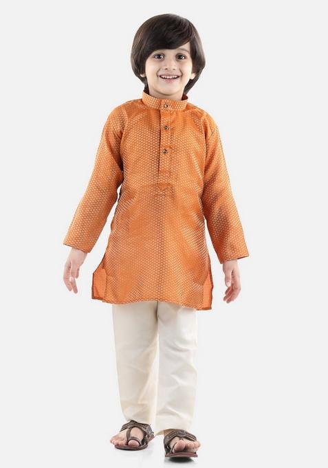 Orange Jacquard Kurta With Pants (Set of 2)