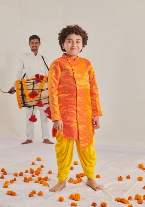 Orange Foil Print Kurta With Dhoti Pants (Set of 2)