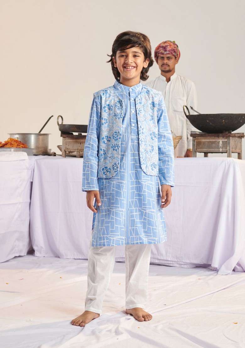 Blue Printed Cotton Kurta With Pants (Set of 2) - Indya