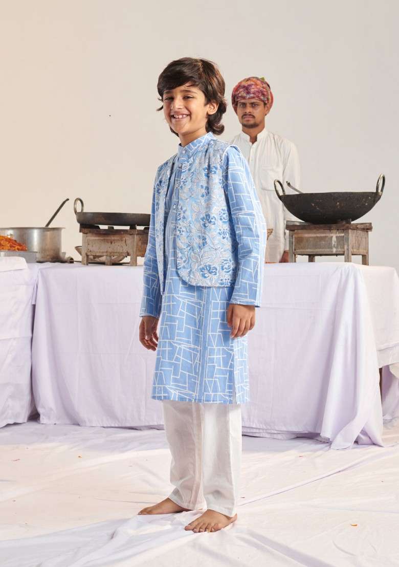 Blue Printed Cotton Kurta With Pants (Set of 2) - Indya